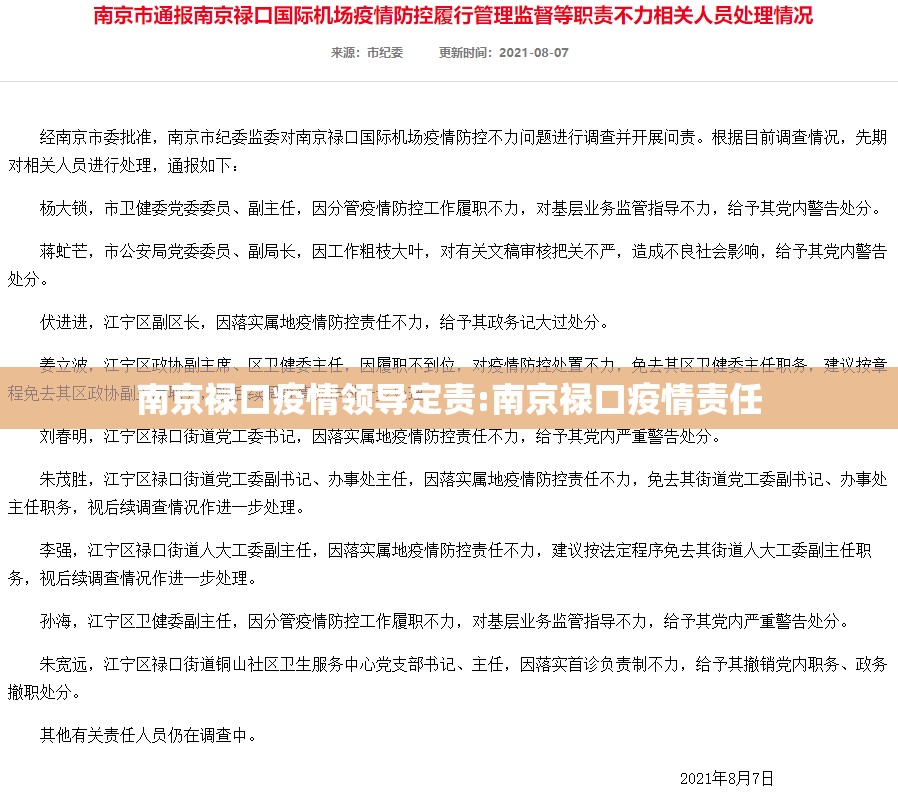 南京禄口疫情领导定责:南京禄口疫情责任